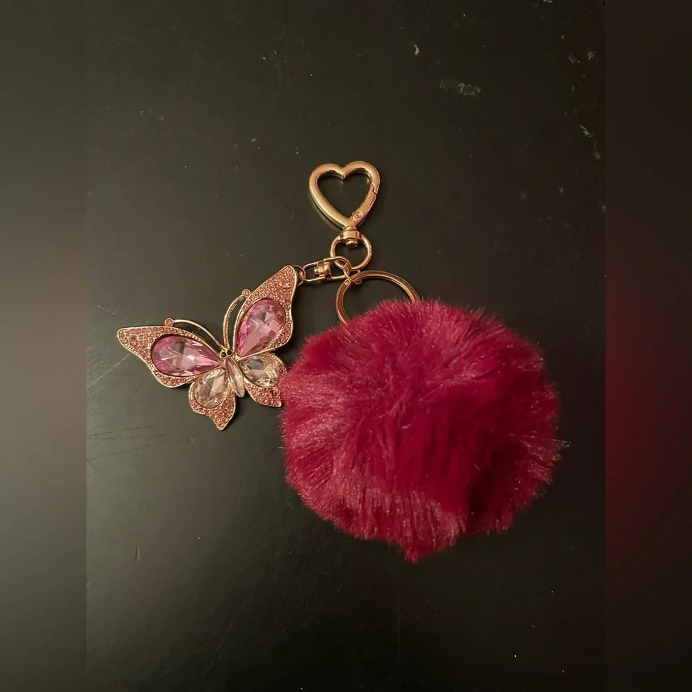 Butterfly Keychain with Burgundy Red Pom Pom